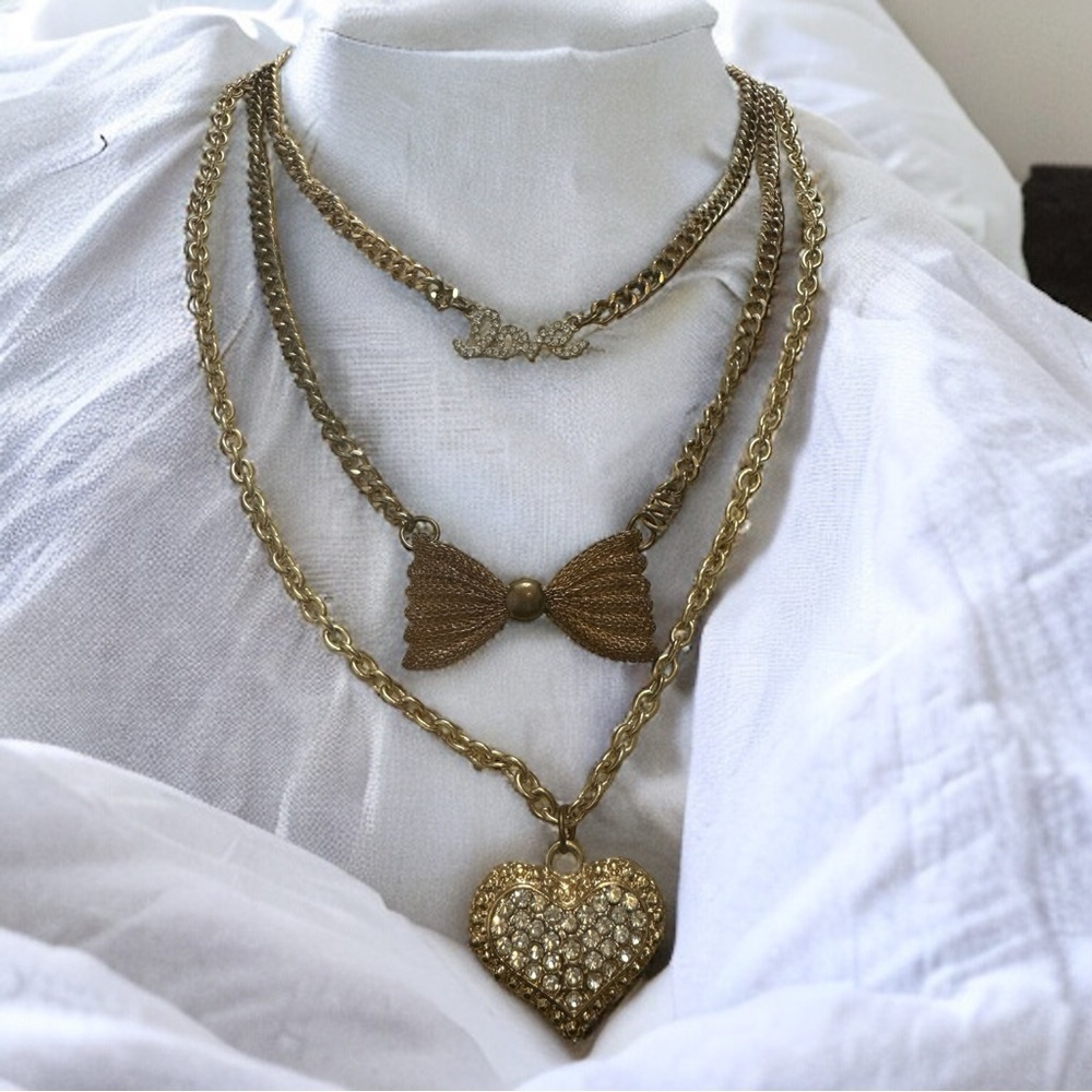 VTG 90s Y2K Gold Chain Statement Three Strand Necklace